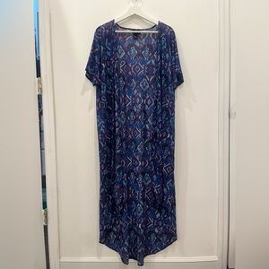 Torrid Blue Purple Ikat Duster Kimono Sz 0/1 Short Sleeve Open Front Resort beac